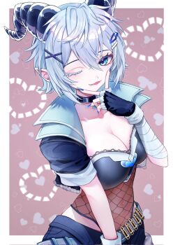 1girl black_bra black_choker black_gloves black_jacket blue_eyes blue_nails border bra breasts bullet choker cleavage collarbone colored_eyelashes commentary commission cowboy_shot cropped_jacket crossed_bangs double-parted_bangs english_commentary fangs fingernails fishnet_top fishnets gloves grey_hair hair_between_eyes hair_ornament heart highres horns indie_virtual_youtuber jacket large_breasts looking_at_viewer nail_polish one_eye_closed open_clothes open_jacket outside_border parted_lips pointy_ears second-party_source short_hair smile solo thecookie_(vtuber) underwear vgen_commission virtual_youtuber white_border x_hair_ornament xxcaaan