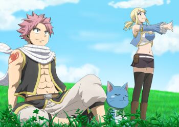 Rule 34 | 1boy, 1girl, bad id, bad pixiv id, black legwear, black skirt, blonde hair, bluesnowcat, breasts, brown eyes, cleavage, day, fairy tail, grass, hair ornament, happy, happy (fairy tail), lucy heartfilia, medium breasts, natsu dragneel, navel, outdoors, pink hair, short hair, skirt, spiked hair