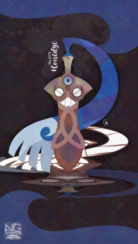 animate_object blue_eyes gen_6_pokemon highres honedge looking_at_viewer meme_(sleepsheep) nintendo no_humans one-eyed pokemon pokemon_(creature) pokemon_focus reflection sword teeth weapon