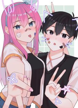 1boy 1girl absurdres antenna_hair aubrey_(faraway)_(omori) aubrey_(omori) bandaid bandaid_on_cheek bandaid_on_face bandaid_on_nose black_eyes black_hair black_sweater_vest blue_eyes blue_hairband blue_skirt blush bright_pupils bunny_ears_prank closed_mouth collared_shirt commentary crop_top denim denim_skirt double-parted_bangs double_v hair_between_eyes hairband highres jacket long_hair long_sidelocks omori open_mouth pink_hair pink_nails reiichyl shirt short-sleeved_jacket short_hair short_sleeves sidelocks skirt sticker sticker_on_face sunny_(omori) sweater_vest symbol-only_commentary tongue tongue_out v white_jacket white_pupils white_shirt