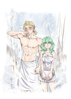 1boy 1girl absurdres blonde_hair breasts bucket cleavage collarbone dimitri_alexandre_blaiddyd female_byleth_(awakened)_(fire_emblem) female_byleth_(fire_emblem) fire_emblem fire_emblem:_three_houses fire_emblem_warriors:_three_hopes green_eyes green_hair highres holding holding_bucket large_breasts lilithcosa medium_hair mixed-sex_bathing muscular muscular_male naked_towel nintendo official_alternate_eye_color official_alternate_hair_color official_alternate_hairstyle onsen pectorals shared_bathing standing steam thighs topless_male towel