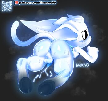 1boy absurdres animal_ears anus artist_name ass black_eyes blue_fur blush cum furry furry_male hanuvo highres looking_at_viewer looking_back male_focus nipples nude ori_(ori_and_the_blind_forest) ori_and_the_blind_forest patreon_username penis perineum qr_code shota solo sweat tail testicles