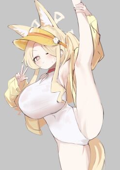 1girl absurdres alternate_breast_size_(larger) animal_ears armpits bare_shoulders blonde_hair blue_archive blush breasts cleavage_cutout clothing_cutout covered_navel extra_ears fox_ears groin hair_over_one_eye halo highres holding_own_leg huge_breasts jacket leg_up lir_(cuhc3357) long_hair looking_at_viewer one-piece_swimsuit one_eye_closed open_clothes open_jacket seia_(blue_archive) seia_(swimsuit)_(blue_archive) side_ponytail smile solo standing standing_on_one_leg sweat swimsuit thighs v visor_cap white_one-piece_swimsuit yellow_eyes yellow_halo yellow_jacket