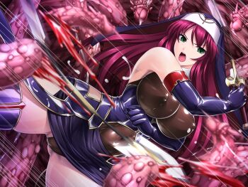1girl armor arrow_(projectile) attack bare_shoulders battle blood blue_gloves breasts covered_erect_nipples covered_navel elbow_gloves game_cg gloves gluteal_fold green_eyes highleg highleg_leotard holding holding_sword holding_weapon huge_breasts large_variant_set latex leotard liese_heldebrand long_hair looking_at_viewer monster motion_blur motion_lines nengoku_no_liese non-web_source nun official_art open_mouth purple_hair rindou_(radical_dream) skin_tight skirt slime_(substance) solo speed_lines sword tentacles thighhighs variant_set weapon