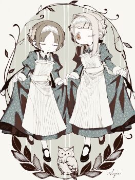 Rule 34 | 2girls, absurdres, apron, bird, black shoes, blue dress, border, brown eyes, brown hair, closed eyes, closed mouth, collared dress, commentary request, cosplay, curtsey, dress, facing viewer, grey hair, hair ornament, hairband, hairclip, highres, hiwatari kanae, hiwatari kanae (cosplay), juliet sleeves, kuramoto china, laurels, leaf hair ornament, long dress, long sleeves, looking at another, maid, maid apron, mary janes, multiple girls, one eye closed, ornate border, outside border, owl, parallel hairclips, parted bangs, puffy sleeves, sajililli, shinosawa hiro, shoes, short hair, signature, skirt hold, smile, swept bangs, white apron, white hairband