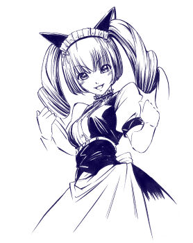 1girl akiha_rumiho animal_ear_hairband animal_ears belt_around_waist belt_buckle buckle cat_ears commentary_request drill_hair eibon fake_animal_ears frills from_below hairband highres holding long_hair looking_at_viewer maid maid_headdress mayqueen_maid_uniform monochrome open_mouth pink_eyes puffy_short_sleeves puffy_sleeves science_adventure short_sleeves smile solo steins;gate teeth tongue tsurime twin_drills twintails upper_teeth_only