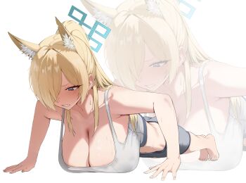 1girl absurdres ammak bare_arms barefoot blonde_hair blue_archive blue_eyes blue_halo breasts cleavage collarbone commentary_request dog_girl dog_tail exercising foreshortening full_body grey_shorts grey_sports_bra hair_over_one_eye halo highres kanna_(blue_archive) large_breasts midriff ponytail push-ups sharp_teeth shorts sports_bra sweat tail teeth toes zoom_layer
