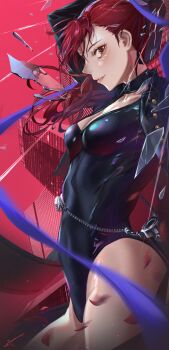 1girl black_collar black_jacket black_leotard blurry breasts broken_glass chain collar depth_of_field different_reflection falling_petals floating_hair from_side glass glass_shards highres jacket leotard long_hair looking_at_viewer medium_breasts parted_lips persona persona_5 persona_5_the_royal petals ponytail purple_ribbon red_eyes red_hair reflection ribbon shards solo spoilers thighs violet_(persona_5) xi-u yoshizawa_kasumi yoshizawa_sumire