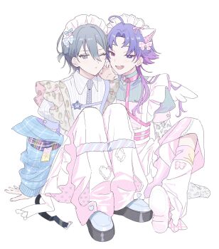 Rule 34 | 18trip, 2boys, ahoge, animal ears, apron, blue jacket, bow, cat ears, full body, grey hair, grey necktie, hachinoya nagi, hair between eyes, hair bow, hair ornament, half updo, hand on floor, heterochromia, highres, invisible floor, jacket, leg warmers, long hair, looking at viewer, maid, maid apron, maid headdress, male focus, medium hair, multiple boys, necktie, one eye closed, open clothes, open jacket, pankajiru, parted bangs, pink bow, print apron, purple hair, shirt, shoes, short sleeves, sitting, unconventional maid, white leg warmers, white shirt, white shoes, yowa netaro