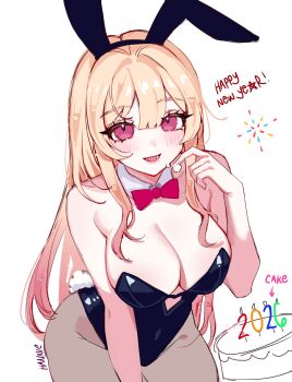 1girl 2026 animal_ears blonde_hair blush bow bowtie cake commentary english_commentary fireworks food gradient_hair han_2792 happy_new_year highres icing_on_face kitagawa_marin long_hair multicolored_hair new_year pantyhose pink_bow pink_bowtie pink_eyes pink_hair playboy_bunny rabbit_ears rabbit_tail solo sono_bisque_doll_wa_koi_wo_suru tail white_background