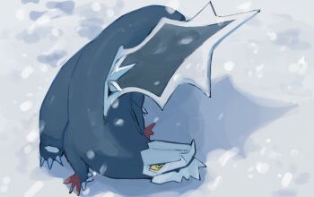 all_fours baxcalibur blue_scales blue_spine claws colored_sclera from_above nintendo no_humans pokemon pokemon_(creature) pokemon_focus reptile sakuraiisui snow snowing spines yellow_eyes yellow_sclera