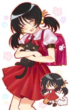 Rule 34 | 1girl, absurdres, animal, animal charm, ascot, backpack, bag, bag charm, black cat, black hair, brown eyes, cat, charm (object), chibi, chibi inset, closed eyes, commentary, cookibites, dress, feet out of frame, hair bobbles, hair ornament, highres, holding, holding animal, holding cat, kaai yuki, looking back, low twintails, open mouth, orange cat, pinafore dress, plaid ascot, plaid clothes, rabbit charm, randoseru, short sleeves, sleeveless, sleeveless dress, smile, star (symbol), symbol-only commentary, twintails, vocaloid, walking, white cat