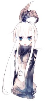 1girl black_jacket blue_eyes blush bow commentary_request hair_between_eyes hair_bow hair_ribbon high_collar highres jacket long_hair looking_at_viewer open_mouth original portrait ribbon riuichi sidelocks simple_background straight-on white_background white_hair