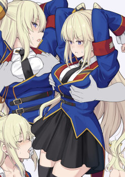 1girl arms_up black_skirt blonde_hair blue_eyes blue_jacket blush breasts closed_eyes coattails code_geass code_geass:_boukoku_no_akito disembodied_hand double_bun finger_in_another's_mouth grabbing_another's_breast groping hair_bun jacket large_breasts leila_malcal long_hair long_sleeves multiple_views necktie open_mouth shiseki_hirame skirt solo_focus thighhighs