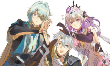 1girl 2boys anaxa_(honkai:_star_rail) aqua_hair arm_armor armor ascot black_choker black_gloves black_jacket black_tiara blue_choker blue_eyes blue_vest blush bow breasts brown_gloves bug butterfly butterfly_earrings butterfly_ornament castorice_(honkai:_star_rail) choker circlet closed_mouth colored_inner_hair commentary crossed_bangs dress earrings elbow_gloves english_commentary eyepatch fingerless_gloves flower flower_ornament flying_sweatdrops frilled_choker frills gloves greco-roman_clothes grey_hair hair_between_eyes hair_bow hair_flower hair_ornament half-closed_eye hand_up hands_up heart heart_hands highres honkai:_star_rail honkai_(series) insect jacket jewelry long_hair long_sleeves low_ponytail low_twintails medium_breasts multicolored_eyes multicolored_hair multiple_boys open_clothes open_jacket open_mouth oyakorodesu phainon_(honkai:_star_rail) pink_flower pointy_ears ponytail purple_bow purple_butterfly purple_eyes purple_flower purple_hair purple_pupils shirt short_hair shoulder_armor sidelocks simple_background single_glove sleeveless sleeveless_dress smile teeth tiara tongue twintails upper_body vest white_ascot white_background white_dress white_jacket white_shirt