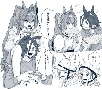 +++ 2girls animal_ear_headwear animal_ears blank_speech_bubble bracelet controller daiwa_scarlet_(umamusume) eating fake_animal_ears fangs food fruit game_controller greyscale grin hair_intakes hair_over_one_eye helmet highres holding holding_controller holding_food holding_game_controller horse_ears horse_girl horse_tail japanese_clothes jewelry kimono long_hair looking_at_another monochrome multiple_girls multiple_views natsume_(natsume_041) open_mouth piggy_bank shirt shorts slit_pupils smile speech_bubble sweatdrop tail tiara translation_request twintails umamusume v-shaped_eyebrows vodka_(umamusume) watermelon