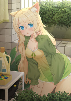 Rule 34 | 1girl, :o, animal ear fluff, animal ears, blonde hair, blue eyes, blush, breasts, buttons, cat, cleavage, collarbone, colored eyelashes, dress, dress ribbon, gradient clothes, gradient dress, green dress, green jacket, green ribbon, hair between eyes, hand on own leg, hand up, jacket, leaning forward, long hair, long sleeves, looking at viewer, mao lian (nekokao), medium breasts, multicolored dress, open clothes, open jacket, open mouth, original, plant, playing with own hair, potted plant, puffy sleeves, ribbon, short dress, sleeveless, sleeveless dress, sleeves past wrists, slit pupils, solo, sundress, swept bangs, tail, tile wall, tiles, very long hair, window, yellow dress, yellow tail