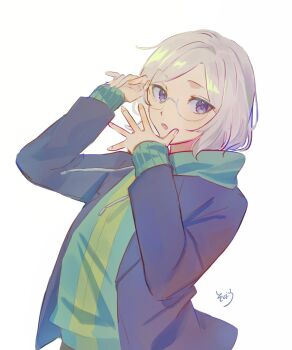 adjusting_eyewear androgynous blue_hoodie blue_jacket drawstring glasses green_hoodie grey_hair hand_up hands_up highres hood hood_down hoodie jacket long_sleeves looking_at_viewer male_focus open_clothes open_jacket open_mouth otto_suewen parted_bangs purple_eyes re:zero_kara_hajimeru_isekai_seikatsu round_eyewear short_hair signature simple_background sleeves_past_wrists sobad_n solo upper_body white_background