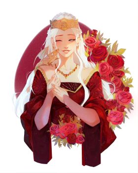 1girl a_song_of_ice_and_fire artist_request collarbone crown dragon dress flower hand_on_own_chest highres house_of_the_dragon jewelry long_hair long_sleeves medieval necklace one_eye_closed own_hands_together parted_lips platinum_hair purple_eyes queen red_dress red_flower red_rose rhaenyra_targaryen rose simple_background smile solo wavy_hair white_hair