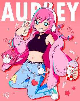 ! 1girl :d animal_ear_headphones animal_ears aqua_eyes aqua_shoes arm_at_side arrow_(symbol) aubrey_(birthday)_(omori) aubrey_(faraway)_(omori) aubrey_(omori) bag bare_shoulders belt black_belt black_shirt blue_bow blue_nails blue_pants blush bow braid cardigan cardigan_partially_removed character_charm character_name charm_(object) clothes_writing clothing_cutout commentary converse copyright_name cup cupcake_bunny_(omori) denim disposable_cup double-parted_bangs drinking_glass drinking_straw english_commentary eyebrows_hidden_by_hair fake_animal_ears forest_bunny?_(omori) full_body grin hair_between_eyes hair_bow hair_ornament hairclip headphones heart highres holding holding_cup holding_phone hood hood_down hooded_cardigan jeans jewelry jumping long_hair long_sleeves looking_at_viewer low_twin_braids midriff multicolored_nails musical_note nail_polish namara074 navel official_alternate_costume official_alternate_hairstyle omori open_cardigan open_clothes open_mouth pants parallel_hairclips phone pink_bag pink_cardigan pink_hair pink_nails puffy_long_sleeves puffy_sleeves purple_nails rabbit_ear_headphones rabbit_ears red_background ribbon-trimmed_pants ring shirt shoelaces shoes shoulder_bag simple_background sleeveless sleeveless_shirt smile solo sparkle star_(symbol) torn_clothes torn_jeans torn_pants twin_braids v-shaped_eyebrows yellow_nails