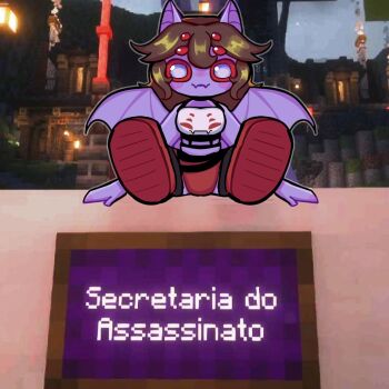 1girl animal_ears arthropod_girl bat_ears brown_hair check_commentary colored_sclera colored_skin commentary_request cropped_shirt dante_will dante_will_(spider) extra_eyes fingernails highres indie_virtual_youtuber insect_girl long_hair minecraft monster_girl partial_commentary portuguese_commentary portuguese_text purple_skin red_sclera sitting smile spider_girl thebibighost virtual_youtuber wings