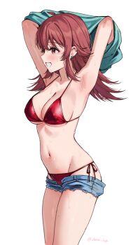 1girl absurdres ahoge aqua_shirt armpits arms_up bikini blue_shorts blush breasts cleavage clothes_lift crossed_bangs denim denim_shorts deras hair_between_eyes highres idolmaster idolmaster_shiny_colors komiya_kaho long_hair medium_breasts micro_shorts navel open_mouth red_bikini red_eyes red_hair shirt shorts smile solo swimsuit