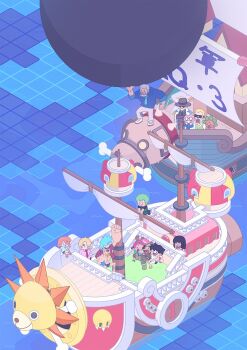2girls 6+boys antlers arm_up artist_name artist_self-insert beard black_hair blonde_hair blue_neckerchief blue_necktie blue_shirt boat bogard_(one_piece) cannonball chibi commentary epaulettes facial_hair formal_clothes franky_(one_piece) grandfather_and_grandson green_hair hair_over_one_eye haramaki hat helmeppo highres holding horns isometric koby_(one_piece) leg_hair long_nose lv5plant monkey_d._garp monkey_d._luffy multiple_boys multiple_girls nami_(one_piece) neckerchief necktie nico_robin old old_man one_piece orange_hair pink_hair pink_shirt pompadour reindeer_antlers roronoa_zoro sanji_(one_piece) shirt straw_hat suit sunglasses thousand_sunny tony_tony_chopper usopp watercraft