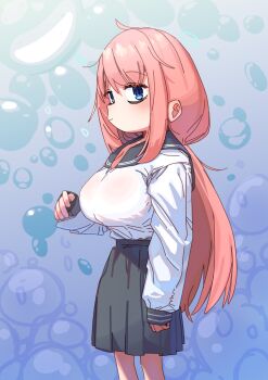 1girl absurdres bags_under_eyes blue_eyes breasts crossed_bangs highres large_breasts michinoku_komaro oppai_loli pink_hair pleated_skirt school_uniform seitokai_ni_mo_ana_wa_aru! skirt yana_(muuimiingan)