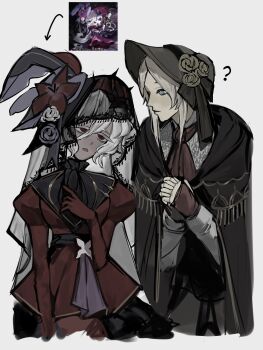 Rule 34 | 2girls, ascot, black bonnet, bloodborne, bonnet, brown cloak, chiizzx, cloak, cookie run, cookie run: kingdom, cowboy shot, doll joints, dress, grey bonnet, hair between eyes, hand up, highres, joints, long hair, multiple girls, open mouth, pale skin, plain doll, red ascot, red dress, red eyes, reference inset, sidelocks, very long hair, white hair, white lily cookie, white lily cookie (veil of mourning)