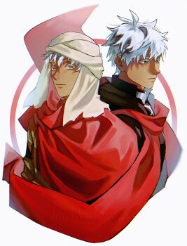 1boy absurdres archer_(fate) armor cloak code3755 dark-skinned_male dark_skin fate/stay_night fate_(series) grey_eyes highres male_focus red_scarf scarf solo spiked_hair white_hair