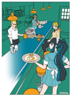 apron artist_name black_hair black_pants blonde_hair blue_dress blue_hair blue_shirt cafe coffee coffee_pot cupcake daybit_sem_void donut dress fate/grand_order fate_(series) food highres holding holding_tray izcalli_(fate) long_hair looking_at_viewer multicolored_hair multiple_boys napkin napkin_holder necktie odeyama orange-tinted_eyewear pants pepper_shaker profile salt_shaker shirt short_hair sleeves_rolled_up sunglasses tenochtitlan_(fate) tezcatlipoca_(fate) tinted_eyewear tray waist_apron waitress white_shirt