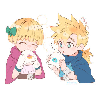 1boy 1girl belt blonde_hair blue_cape blue_cloak blue_eyes blue_tunic blunt_bangs blush bow bracelet brother_and_sister cape cloak closed_eyes commentary_request cropped_torso cup dragon_quest dragon_quest_v drinking earrings gloves green_bow hair_bow hammerhood_(dragon_quest) hero's_daughter_(dq5) hero's_son_(dq5) highres holding holding_cup jewelry long_hair low_ponytail open_mouth pink_cape pink_cloak ponytail short_hair siblings simple_background slime_(dragon_quest) spiked_hair steam stud_earrings tsunao527 tunic twins twitter_username upper_body white_background white_gloves