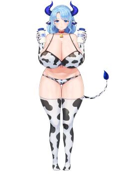 1girl absurdres animal_collar animal_ears animal_print bell bikini blue_eyes blue_hair blue_pupils blush breasts bright_pupils cleavage closed_mouth collar collarbone cow_ears cow_girl cow_horns cow_print cow_print_bikini cow_print_gloves cow_print_thighhighs cow_tail cowbell cream_cod dot_nose elbow_gloves full_body gloves highres holding holding_jar horn_ornament horns huge_breasts indie_virtual_youtuber jar lips looking_at_viewer miilkywayz milk mole mole_on_breast mole_under_eye mole_under_mouth multicolored_bikini official_art parted_bangs print_bikini print_gloves print_thighhighs purple_horns red_collar sidelocks solo standing star-shaped_pupils star_(symbol) straight-on swimsuit symbol-shaped_pupils tachi-e tail tareme thigh_gap thighhighs transparent_background two-tone_bikini virtual_youtuber wide_hips