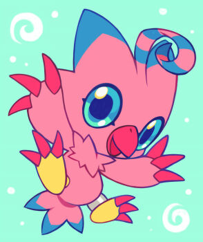 Rule 34 | aqua background, beak, bird, blue eyes, claws, commentary, digimon, digimon (creature), english commentary, extyrannomon, floating, full body, no humans, open mouth, piyomon, solo