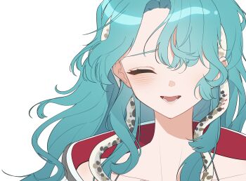 1girl aqua_hair bare_shoulders closed_eyes fang hair_over_one_eye highres hissabeth jiedu_(gedoku_1) long_hair one_eye_covered open_mouth portrait reverse:1999 smile snake snake_on_head solo white_background