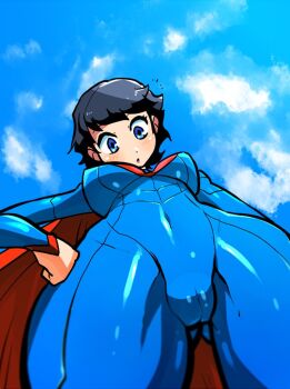 1girl black_hair blue_eyes breasts cape clara_kent dc_comics genderswap genderswap_(mtf) hiryou_man_(crap-man) looking_at_viewer rariatto_(ganguri) solo superman superman_(series)