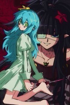 2girls ahoge alternate_costume aotu_world barefoot black_hair blue_eyes blue_hair closed_mouth collarbone dress eyepatch facial_mark feet food-themed_hair_ornament green_dress green_eyes grin hair_ornament highres holding holding_sword holding_weapon jewelry kaili_(aotu_world) kneeling knife lemon_(aotu_world) lemon_hair_ornament long_hair long_sleeves looking_at_viewer medical_eyepatch multiple_girls necklace one_eye_covered parted_lips pendant pointy_ears red_dress rnlcksmaalcls sidelocks smile star_(symbol) star_hair_ornament sword weapon