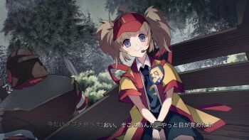 1boy 1girl :d ahoge badge black_necktie blush bound bound_wrists breasts brown_hair button_badge cart commentary_request day hair_ornament happi headset highres imadake_dabuchi_tabemi japanese_clothes looking_at_viewer mcdonald's medium_hair meme mineta_naoki necktie open_mouth outdoors parody pov purple_eyes short_hair short_sleeves smile subtitled teeth the_elder_scrolls the_elder_scrolls_v:_skyrim tied_up_(nonsexual) translation_request upper_teeth_only visor_cap yellow_happi you're_finally_awake_(meme)