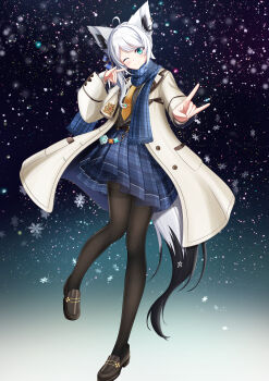 1girl absurdres ahoge animal_ear_fluff animal_ears ayana_haku black_pantyhose blue_eyes blue_scarf blue_skirt brown_shoes closed_mouth coat commentary_request fox_ears fox_girl fox_shadow_puppet fox_tail full_body hand_up highres hololive loafers long_sleeves looking_at_viewer multicolored_tail one_eye_closed open_clothes open_coat pantyhose scarf shirakami_fubuki shoes skirt smile snowflake_background solo standing standing_on_one_leg tail virtual_youtuber white_hair winter_clothes