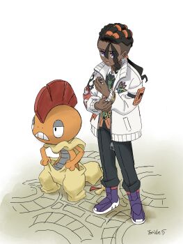 1boy absurdres black_pants boots bracelet collared_shirt commentary_request gen_5_pokemon highres jacket jewelry long_hair long_sleeves loose_hair_strand lower_teeth_only male_focus naveen_(pokemon) nintendo open_clothes open_jacket open_mouth orange_vest pants pokemon pokemon_(creature) pokemon_legends:_z-a ponytail purple_boots scrafty shirt standing teeth toride_(0802480971) vest white_jacket