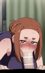 1boy 1girl 728kaya all_fours animated artist_name bar_censor bare_shoulders black_shirt blue_shirt blush breasts breath brown_eyes brown_hair censored collarbone constricted_pupils cowboy_shot cum cum_in_mouth cum_in_nose cum_on_tongue deepthroat denim ejaculation embarrassed eyelashes fellatio forehead hair_bun heavy_breathing hetero highres huge_breasts indoors kaii_to_otome_to_kamikakushi large_breasts large_penis lehornysfx looking_at_penis looking_at_viewer looking_down matching_hair/eyes mature_female mizumizuni mole mole_under_eye night nose nose_blush ogawa_sumireko open_mouth opennsfwsp oral penis pov pov_crotch saliva shirt short_hair single_hair_bun sleeveless sleeveless_shirt solo_focus sound t-shirt tagme thick_eyebrows third-party_edit tongue tongue_out veins veiny_penis video