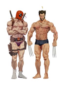 2boys ? abs absurdres arm_hair belt belt_pouch blue_male_underwear bow bow_panties boxer_briefs brown_hair chest_hair claw_(weapon) clenched_hands crossed_arms deadpool deadpool_&amp;_wolverine deadpool_(series) dudles facial_hair full_body green_eyes gun hairy hashtag-only_commentary heart highres holster holstered james_howlett large_pectorals leg_hair looking_at_another male_focus male_pubic_hair male_underwear marvel marvel mature_male multiple_boys muscular muscular_male nipples panties pectorals pouch pubic_hair red_mask scar scars_all_over short_hair simple_background socks standing sword sword_on_back thigh_holster thighs too_many underwear underwear_only veins veiny_arms weapon weapon_on_back white_background white_socks wolverine_(x-men) x-men yaoi