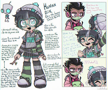 2boys alien black_hair blue_eyes dark-skinned_male dark_skin english_text gir_(dog_costume)_(invader_zim) gir_(invader_zim) gir_(robot)_(invader_zim) glass grey_shirt humanization invader_zim linterteatime multiple_boys multiple_persona personification robot shirt stick upper_body zim_(invader_zim)