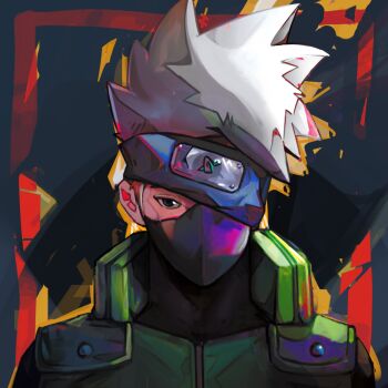 Rule 34 | 1boy, commentary, covered mouth, english commentary, grey hair, hatake kakashi, headband, headband over one eye, high collar, highres, konohagakure symbol, looking at viewer, lv5plant, male focus, naruto (series), solo, spiked hair, white hair