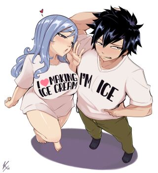 1boy 1girl black_hair blue_hair blush breasts commentary couple english_commentary fairy_tail gray_fullbuster highres joshdinobarney juvia_lockser large_breasts long_hair looking_at_another no_pants print_shirt shirt short_sleeves spiked_hair t-shirt