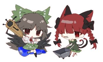 2girls animal_ears arm_cannon bird_wings black_wings blunt_bangs braid brown_hair cat_ears cat_girl cat_tail chibi dress extra_ears full_body green_dress green_skirt hashtag-only_commentary highres kaenbyou_rin long_hair looking_at_viewer multiple_girls multiple_tails one_eye_closed red_eyes reiuji_utsuho shirt side_braids simple_background skirt tail third_eye touhou twin_braids two_tails weapon wheelbarrow white_background white_shirt wings wusem0108