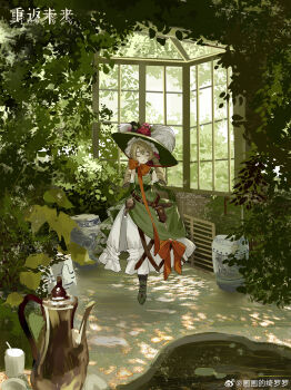 1girl absurdres bare_shoulders belt belt_pouch black_pantyhose blonde_hair bow brown_belt chinstrap clock closed_mouth coffee_pot copyright_name dappled_sunlight dress dress_bow drill_hair elbow_gloves facing_viewer flower full_body gloves green_dress green_footwear green_gloves green_hat green_theme greenhouse hat hat_feather hat_flower highres hua_hua_de_qiluoluo indoors logo long_hair low_twintails orange_bow pantyhose plant pouch red_flower red_rose reverse:1999 rose side_slit skirt_hold skylight sleeveless sleeveless_dress smile solo sotheby standing sun_hat sunlight twin_drills twintails watermark weibo_watermark wide_shot window