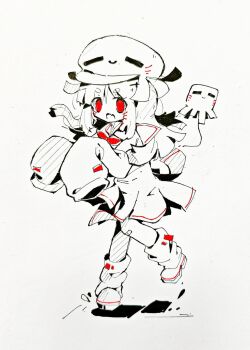 1girl :o bandaid bandaid_on_knee bandaid_on_leg blunt_bangs blunt_ends blunt_sidelocks boots drawn_whiskers fang flat_color ghast ghost_pose happy_ghast hat highres long_hair looking_at_viewer loose_socks lue_nd minecraft monochrome partially_colored personification pleated_skirt red_eyes school_uniform serafuku sidelocks sketch skin_fang skirt sleeves_past_fingers sleeves_past_wrists socks standing standing_on_one_leg surprised thick_eyebrows water_drop