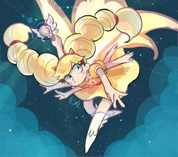 1girl blonde_hair blue_eyes dress facial_mark fake_horns golden_star_butterfly hairband heart heart_cheeks heart_facial_mark highres horns kanna-s-w-p-p-love long_hair looking_at_viewer marking_on_cheek markings_on_cheeks royal_magic_wand_(svtfoe) solo star_butterfly star_vs_the_forces_of_evil wand winged_wand