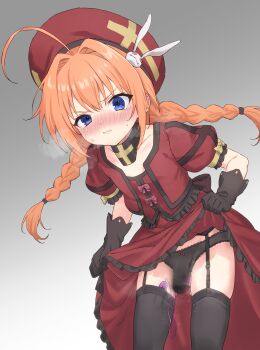 1girl absurdres ahoge bent_over beret black_collar black_garter_straps black_gloves black_panties black_thighhighs blue_eyes blush bow bow_panties braid braided_twintails choppy_bangs clothes_lift collar commission cowboy_shot frilled_shirt frilled_skirt frilled_sleeves frills from_below garter_straps gloves gradient_background grey_background grimace hair_intakes hat highres jacket lifting_own_clothes loli long_hair long_sleeves looking_at_viewer looking_down lyrical_nanoha manbo2024 motion_blur nose_blush open_clothes open_jacket orange_hair panties pink_bow pussy_juice red_hat red_jacket red_shirt red_skirt sex_toy shirt short_sleeves skeb_commission skirt skirt_lift sleeve_bow solo standing steaming_body tearing_up thighhighs underwear v-shaped_eyebrows vibrator vibrator_in_thighhighs vibrator_under_clothes vibrator_under_panties vita_(nanoha) yellow_bow